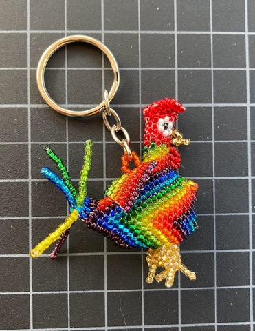 Beaded Chicken / Rooster Keychain Rainbow 