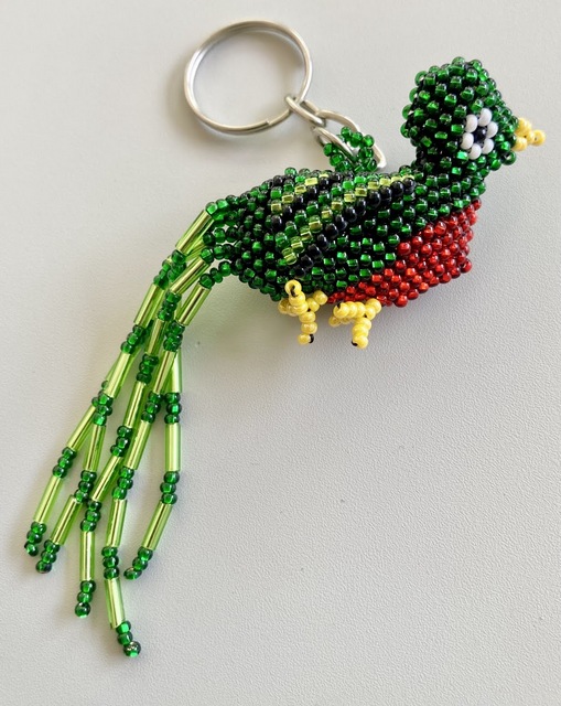 Hand-beaded Quetzal keychain with plumage