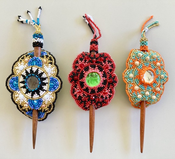 Large beaded stick barrette with crystal center