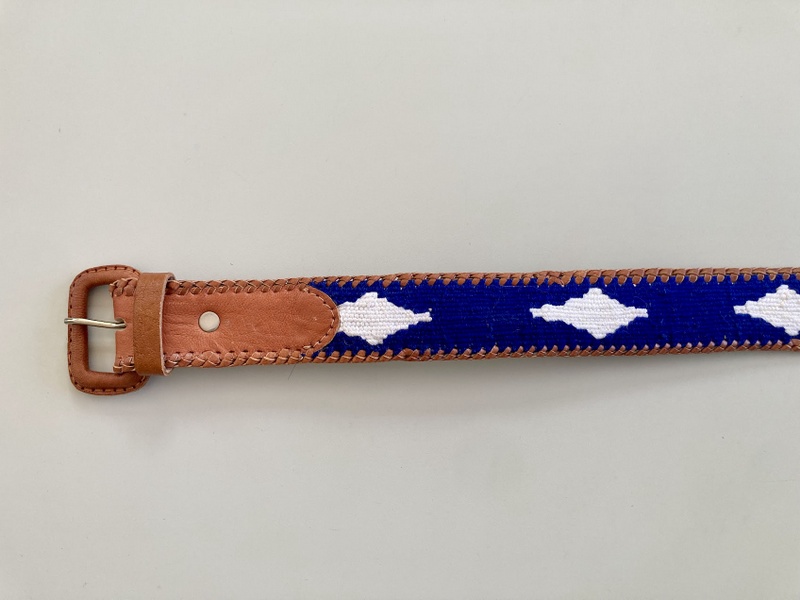 Diamond Belt Blue  Guatemalan, Guatemala, Mayan, handmade, colorful, wholesale, artisan, Leather, Cotton, Southwest, Belt, Diamonds, blue
