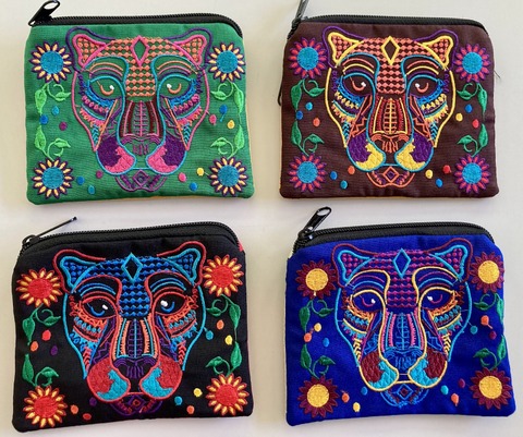 Embroidered Jaguar Coin Purse Artisan Handcrafted Mixed Media