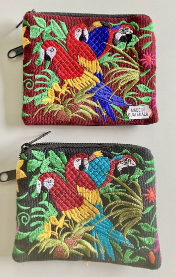 Vibrant Guatemalan artisan embroidered tropical parrot coin pouch with reliable top zipper track.