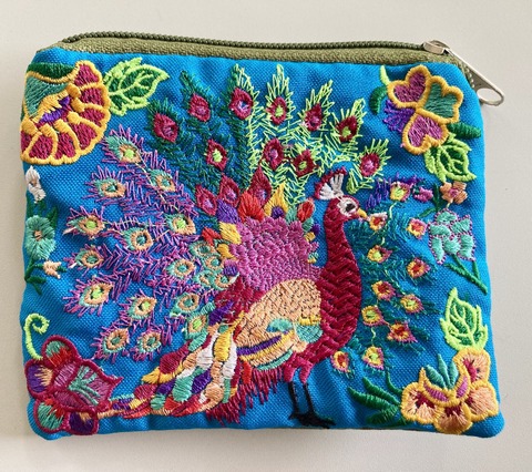 Embroidered Peacock Coin Purse Artisan Handcrafted Mixed Media