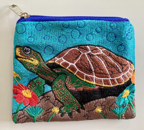 Embroidered Turtle Coin Purse Artisan Handcrafted Mixed Media