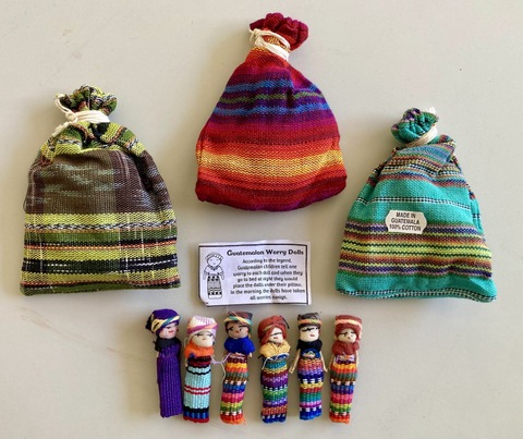 Large 2-inch worry dolls in a set of six with a textile bag